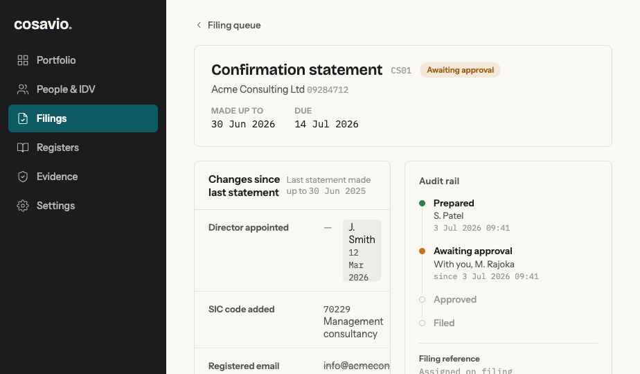 A confirmation statement filing pack with requirements checklist and audit rail