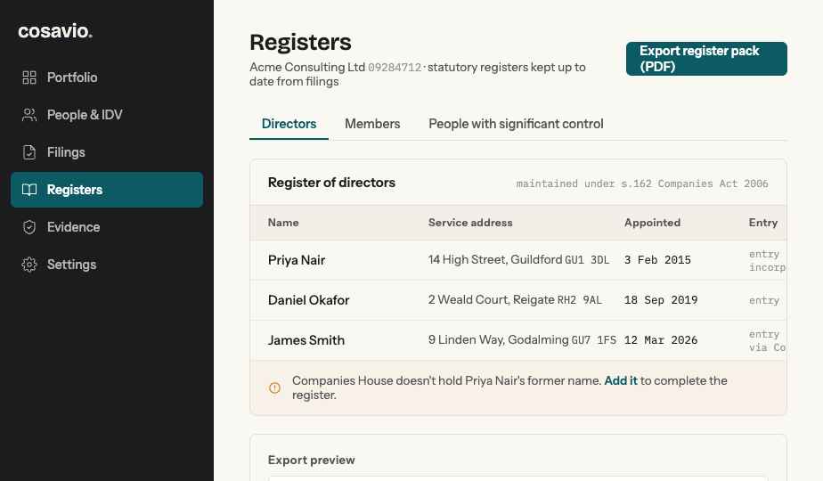Statutory registers as formal dated tables with an export preview